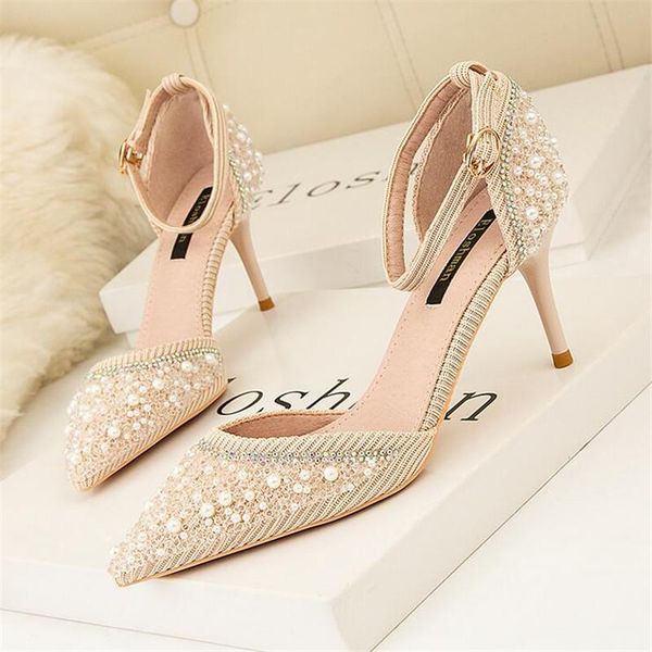 

pearl rhinestone pointed hollow high-heeled shoes are thin and thin with high-heeled sandals pumps for women #8225, Black