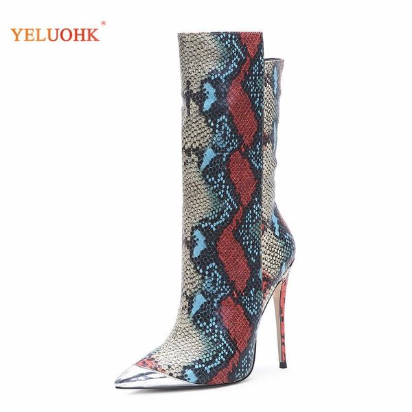 

women's mid calf boots genuine leather women's shoes winter 10 cm thin heels 34-45 plus size snake leopard party boot, Black
