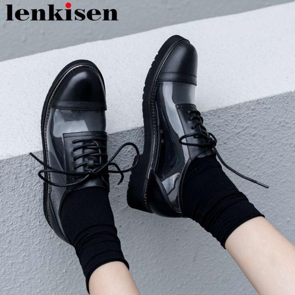 

lenkisen 2020 full grain leather round tow lace up popular pvc low heels british school campus concise style shallow pumps l16, Black