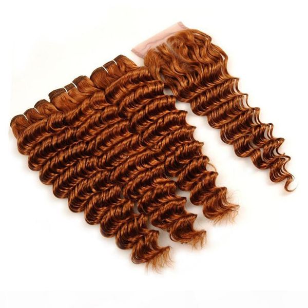 

#30 medium auburn brazilian human hair wefts with closure deep wave wavy auburn human hair weaves 3bundles with lace front closure 4x4, Black;brown