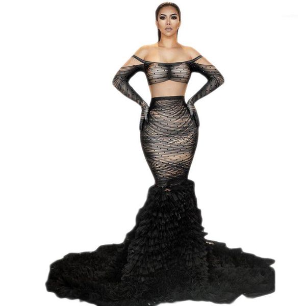 

black long mermaid birthday celebrate dresses for women rhinestone elegant bodycon stage showgirl costumes evening prom outfits1, Black;red