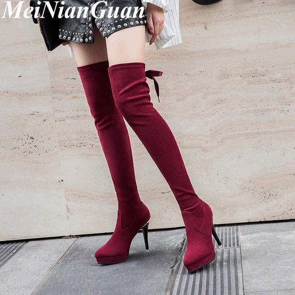 

fashion women's winter boots stretch fabric plus size woman knee high boots comfortable blue shoes for women heels krasovki g6, Black