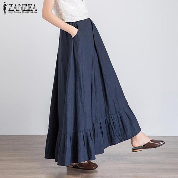 

skirts stylish summer maxi sundress women's ruffle zanzea casual high waist long vestidos female solid robe plus size 5xl1, Black