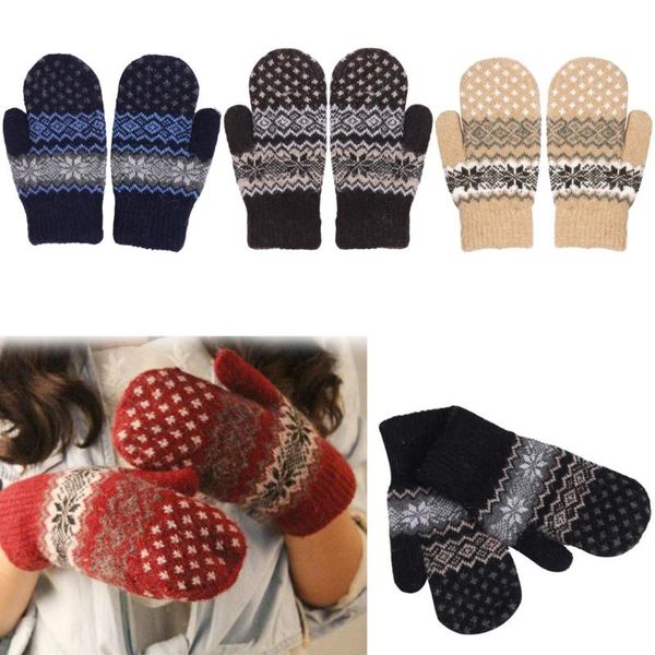 

five fingers gloves 2021 winter ladies crochet cotton wool knitted womens warm fleece snowflake print heated mittens femme, Blue;gray
