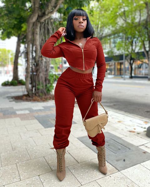 

zipper solid color womens outsuits spring autumn high waist women clothing 2 pieces casual slim sets, White