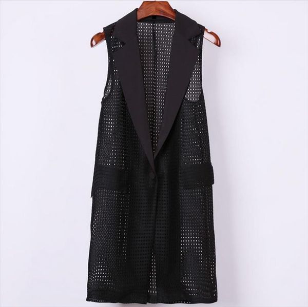 

plus size 4xl women black long hollow vest coat europen style waistcoat sleeveless jacket large outwear vest roupa female, Black;white