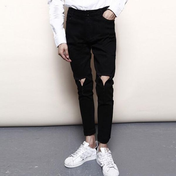 

men's jeans stylishfashion men skinny black white color ripped casual distressed denim wholesale & retail q1231, Blue