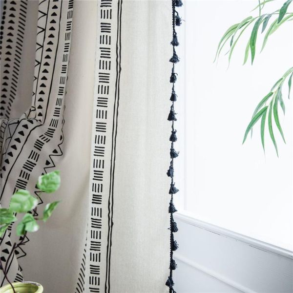 

black geometric curtains finished cotton linen printing tassels bohemian style kitchen bay window curtain rod punch hook 3 types