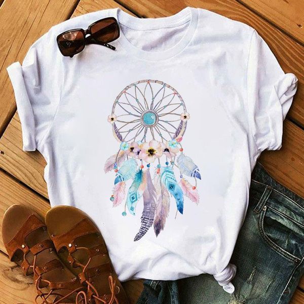 

женская футболка цветок dreamcatcher футболка harajuku o-wee top женская kawaii улица летние повседневная короткие рукава одежда, White
