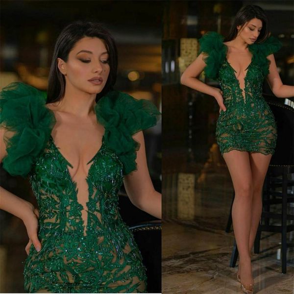 

dark green mini cocktail dresses plus size deep v neck party dress lace appliques illusion short prom evening gowns, Black