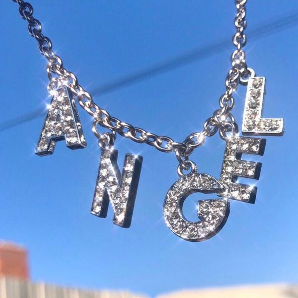 

angel big letter bling bling 90s эстетическая tumblr цепи ожерелье женщины choker bitch папа ночной клуб охладить аксессуар unisex 200929, Silver