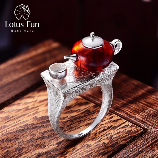 

lotus fun real 925 sterling silver natural amber ring original handmade fine jewelry vintage cute teapot rings for women bijoux 201006, Golden;silver