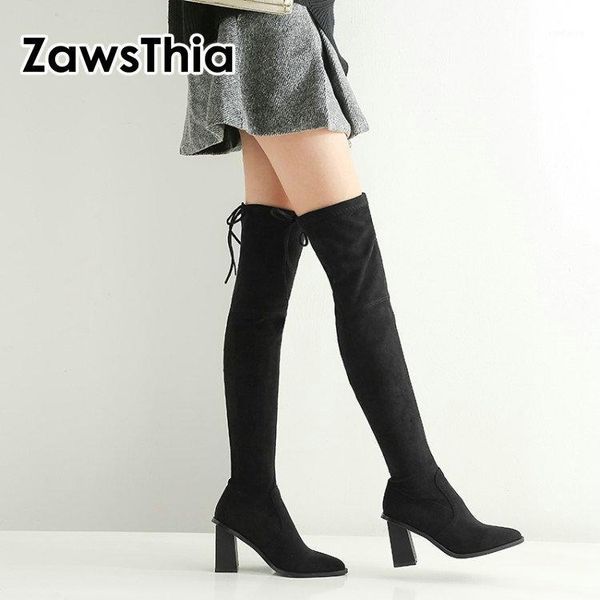 

zawsthia big size 43 women over the knee thigh high boots pointed toe block high heels solid color women stretch boots overknee1, Black