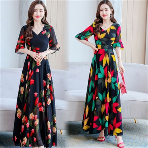 

dressed chiffon ladies'dresses feminine floral luxury korean summer more size women's dress diz8, Black;gray