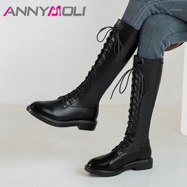

annymoli real leather knee high boots woman flat platform motorcycle boots round toe long lace up female shoes black 34-401