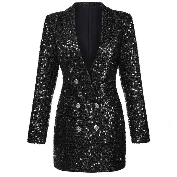 

harleyfashion women luxury design bling bling sequined black long blazer outerwear quality slim blazers, White;black