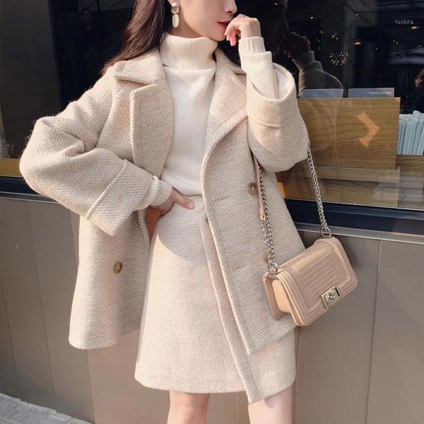 

winter wool coat 2 piece set women vintage loose jacket coat + high waist a line mini skirts korean style warm two piece set1, Gray
