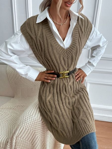 

cable knit sweater vest without belt & blouse r78d#, White
