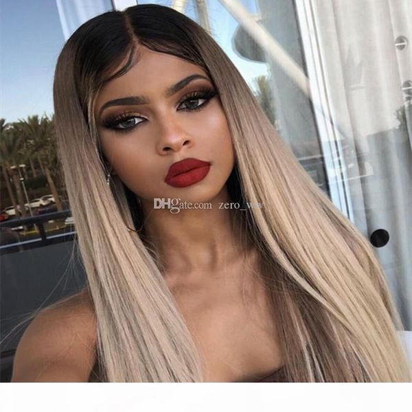 

brazilian human hair ombre 1b 18# ash blonde full lace human hair wigs with baby hair middle part pre-plucked hairline, Black;brown