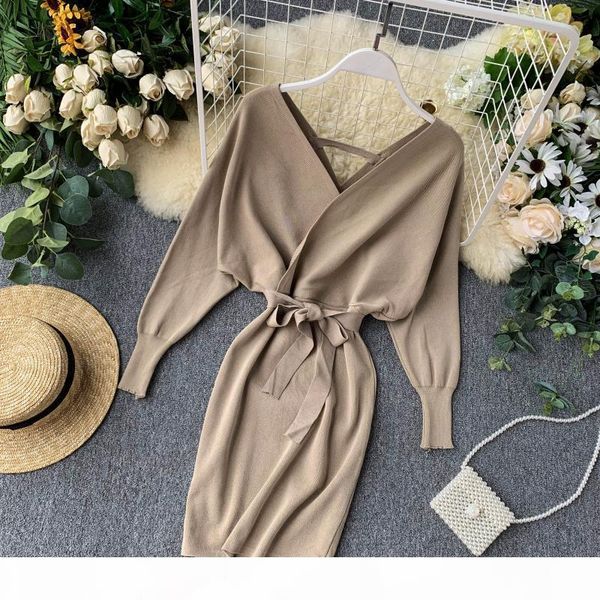 

luzuzi autumn winter women knitted sweater dress 2020 new korean long batwing sleeve v neck elegant dress ladies bandage dress mx200804, Black;pink