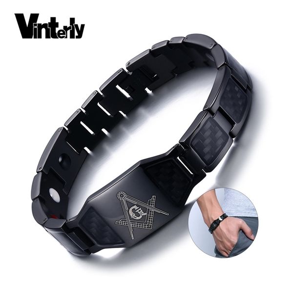 

vinterly black magnetic bracelet men stainless steel hand chain masonic punk id bracelets carbon fiber magnet health bracelets y200107, Golden;silver