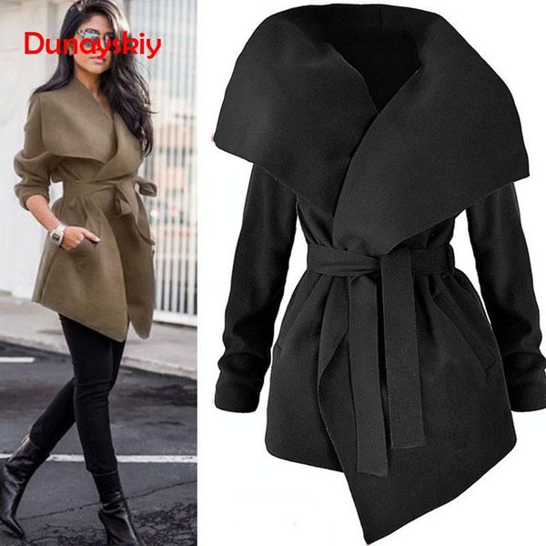 

elegant solid wool and blends coats women high fashion waist bow wrap belt coat feminino mid length autumn winter slim coats, Black