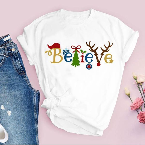 

tees for women print cartoon letter snowflake happy merry christmas ladies clothes lady clothing female t shirt t-shirt, White