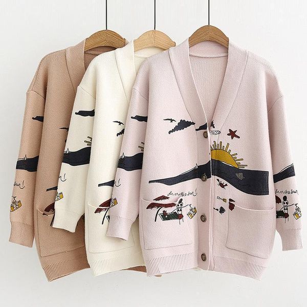

korean style autumn winter women sweater casual long sleeve single breasted cartoon print cardigan knitting lady harajuku 1, White