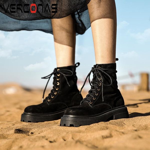 

verconas outdoor casual women ankle boots autumn winter shoes woman lace-up cow suede platforms motorcycle boots martin, Black
