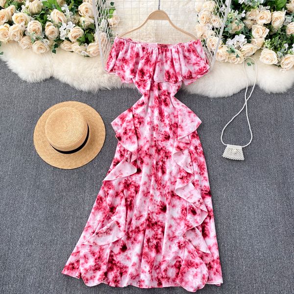 

2021 new singiny feminine design tie dye slash neck dress summer off shoulder the line dressed holiday ilr3, Black;gray