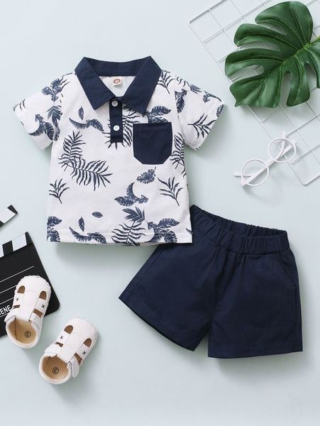 

baby boy leaf print polo shirt & shorts she, White