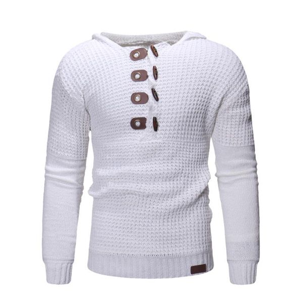 

men's fashion solid color casual hooded knit sweater teen trendy slim sweater with horn buttons harajuku clothing men clothes, White;black
