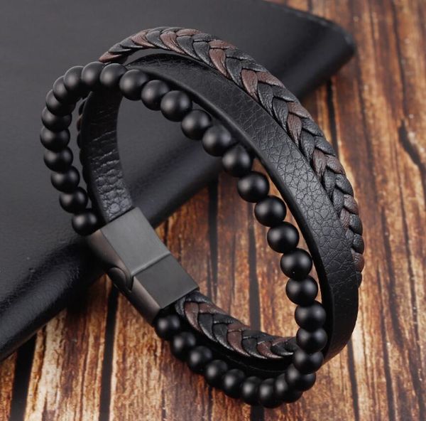

natural stone volcanic stone leather bracelet stainless steel leather woven bracelet multi-layer men's titanium steel jewelry gd899, Golden;silver