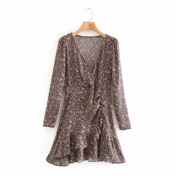 

2021 new printed draped mini women vintage v neck long sleeve wrap ruffle dress woman fashion button elegant ladies dresses m2w4, Black;gray