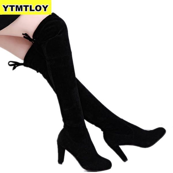 

women boot faux suede over the knee boots lace up high heels shoes woman female slim thigh botas 35-43 thigh high boots c1016, Black