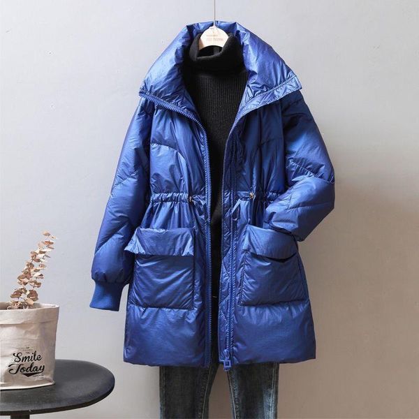 

white duck down jacket woman thicken stand collar long coat winter loose warm down overcoats loose female parka snow outerwear, Black