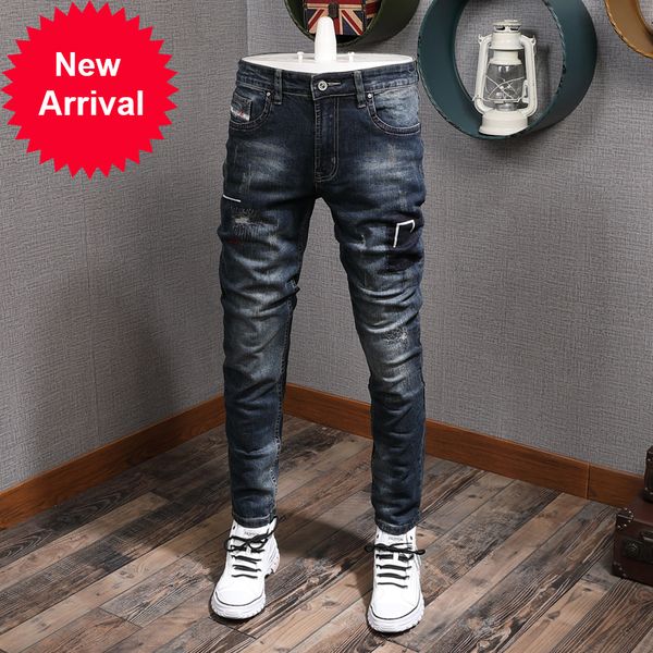 

2021 new men's new style fashion thin elastic blue torn denim pencil pants streetwear hip jeans b2o4