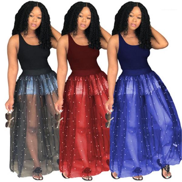 

loose casual dress clothing ladies beaded mesh tutu skirt fashion trend round neck sleeveless long skirt designer female, Black;gray