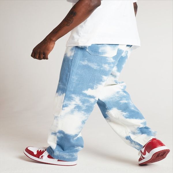 

kv03l 2020 new men's loose and ground white wash straight tube tie dyed denim 2020 new men's loose trousers and trousersground whi, Blue