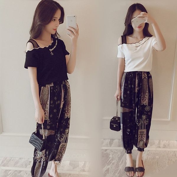 

2020 fashion suit women's summer shoulder short coatsleeve printed chiffon harem pants capris two sets fxghz, Gray