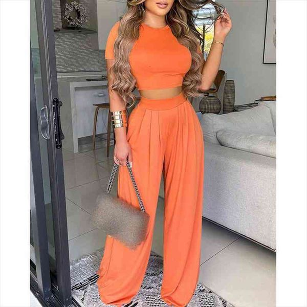 

fashion solid women summer two piece set short sleeve crop loose long wide leg pants female clothing outfits, White