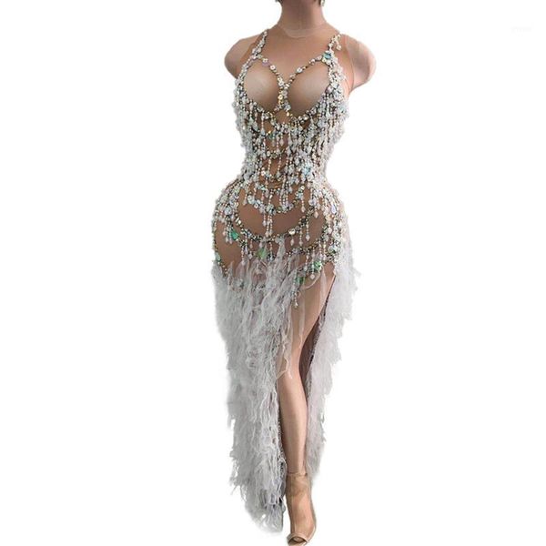 

pearl lace fringes rhinestones dress women singer prom birthday celebration high split long dress evening party crystal outfit1, Black;red