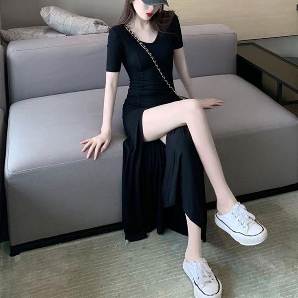 

summer 2021 split-side dresses new fashion girly stretch neck female cotton streetwear dress hr04, Black;gray