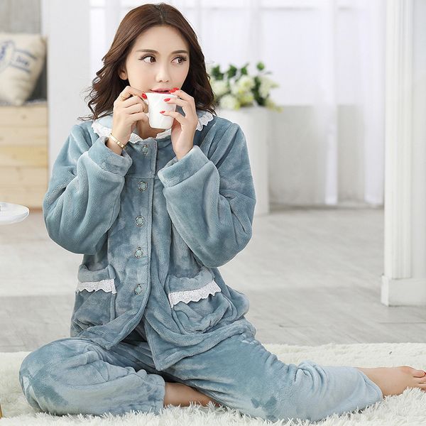 

2021 new women's winter flannel pajamas solid style thick sleepwear female down collar single breasted nightwear 8uu4, Black;red