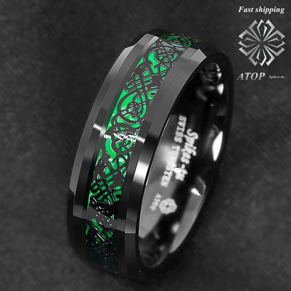 

fiber 8mm tungsten ring black carbon dragon green amens wedding band, Silver