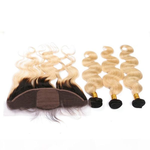 

#1b 613 blonde ombre virgin hair with silk frontal body wave middle three part silk base lace frontal closure with bundles, Black;brown