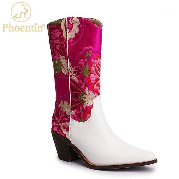 

boots phoentin embroidered mid-calf 2021 women's western cowgirl high heels shoes plus size 33-43 pointed toe boot ft12121, Black