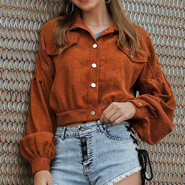 

women's jackets women corduroy short jacket button pocket cropped coats long sleeve slim loose outwear fashion plus size coat, Black;brown