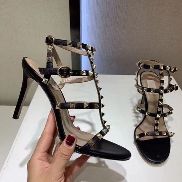 

classics toe 2-strap with studs sandals 2022 high heel dress shoes women summer fashion ankle strap pumps luxury banquet heels with box hot, Black