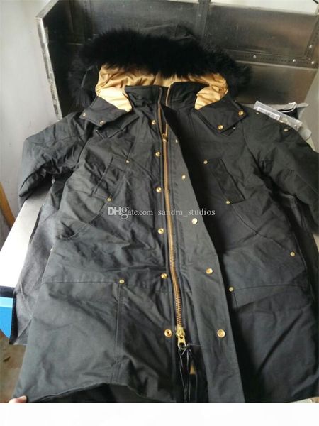 

new arrival men's stag lake long down parkas hooded with black fox furs collar gold scissors on the arm sandra_studios